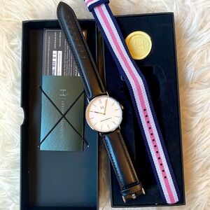 Black Leather Lexton Harper Watch with Extra Strap - New